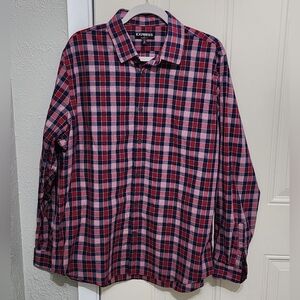 Express Men’s Plaid Shirt Red Blue Modern Fit Long Sleeve Button Up 100% Cotton